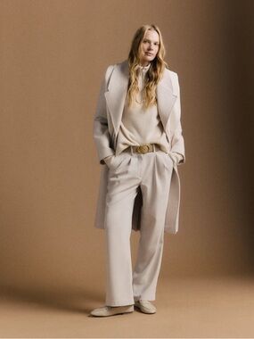 Quince Stretch Crepe Pleated Wide Leg Dress Pants Sand Women's 10